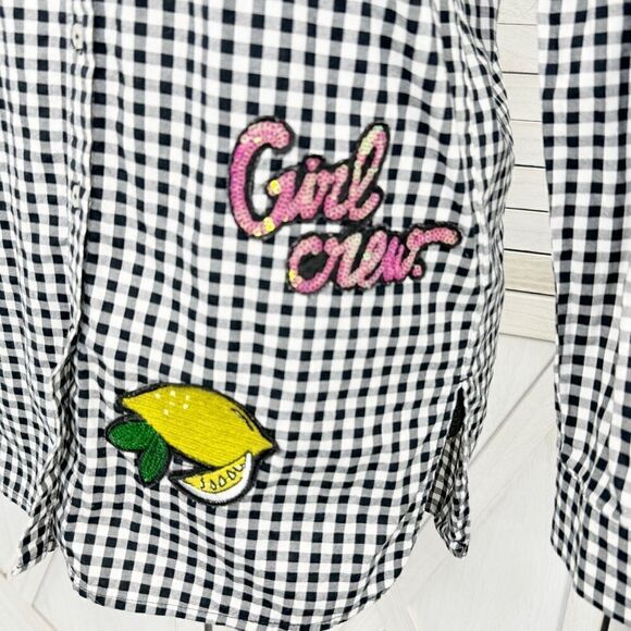 H&M Sequin Appliqué Gingham Check Button Front Shirt Black White Size 2 - Picture 7 of 15